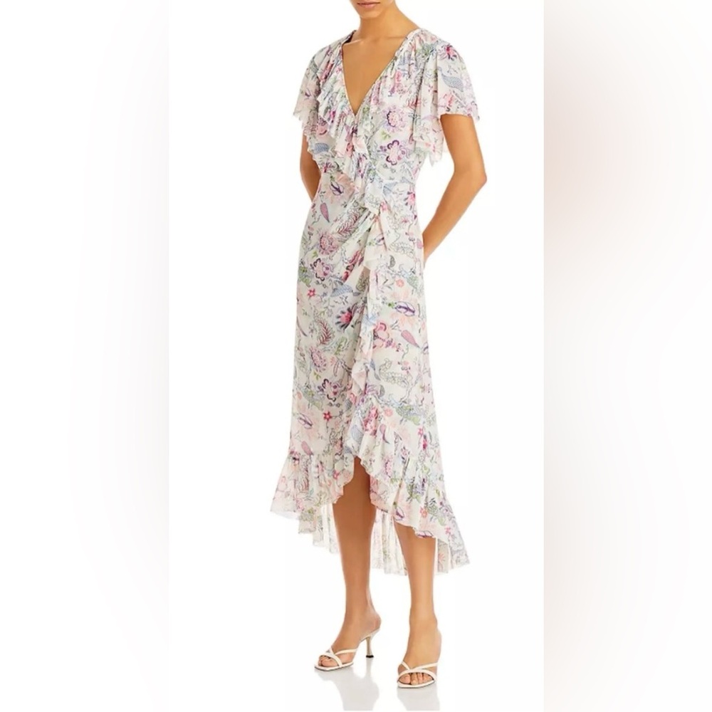 Nwt Cinq Sept Sheilla Floral Ruffle Midi Dress In Celeste Multi Print. Size 2